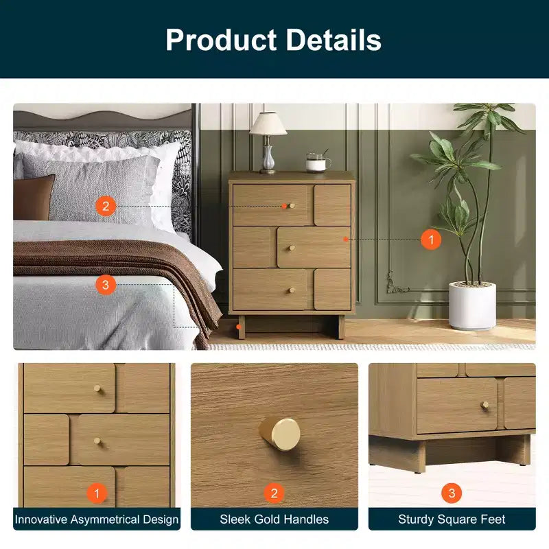 Heynemo 3-Drawer Bedside Table: Strong Wood Nightstand, Holds 110LBS, for Bedroom, Living Room, Office, Natural Oak Finish