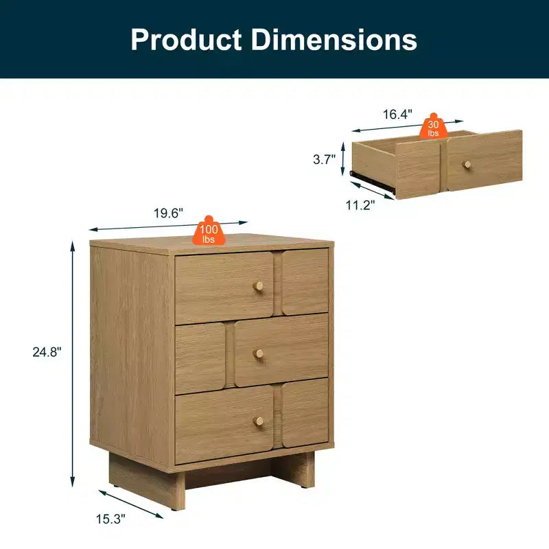 Heynemo 3-Drawer Bedside Table: Strong Wood Nightstand, Holds 110LBS, for Bedroom, Living Room, Office, Natural Oak Finish
