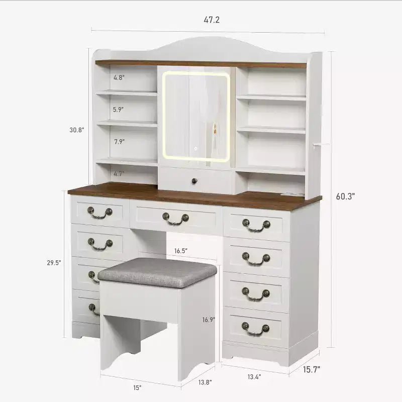GustoWave Makeup Vanity Desk with Mirror, 10 Drawers & 8 Shelves, Large Vanity Table with Chair for Bedroom, Ample Storage Dressing Table Set