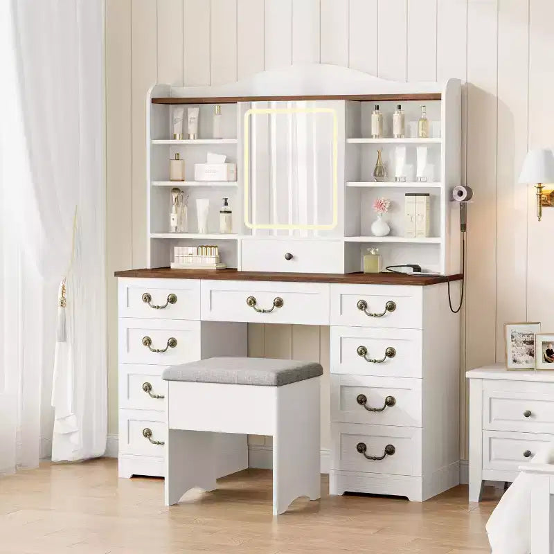 GustoWave Makeup Vanity Desk with Mirror, 10 Drawers & 8 Shelves, Large Vanity Table with Chair for Bedroom, Ample Storage Dressing Table Set