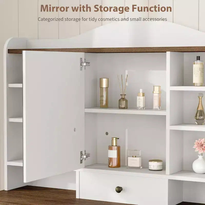 GustoWave Makeup Vanity Desk with Mirror, 10 Drawers & 8 Shelves, Large Vanity Table with Chair for Bedroom, Ample Storage Dressing Table Set