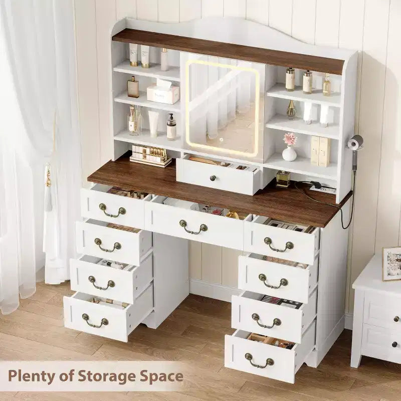 GustoWave Makeup Vanity Desk with Mirror, 10 Drawers & 8 Shelves, Large Vanity Table with Chair for Bedroom, Ample Storage Dressing Table Set