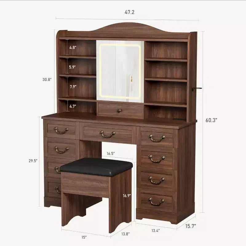 GustoWave Makeup Vanity Desk with Mirror, 10 Drawers & 8 Shelves, Large Vanity Table with Chair for Bedroom, Ample Storage Dressing Table Set