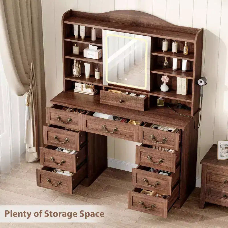 GustoWave Makeup Vanity Desk with Mirror, 10 Drawers & 8 Shelves, Large Vanity Table with Chair for Bedroom, Ample Storage Dressing Table Set