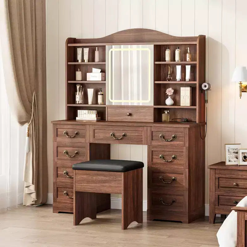 GustoWave Makeup Vanity Desk with Mirror, 10 Drawers & 8 Shelves, Large Vanity Table with Chair for Bedroom, Ample Storage Dressing Table Set