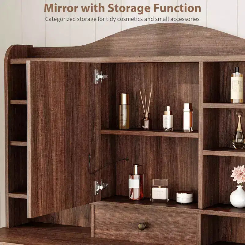GustoWave Makeup Vanity Desk with Mirror, 10 Drawers & 8 Shelves, Large Vanity Table with Chair for Bedroom, Ample Storage Dressing Table Set