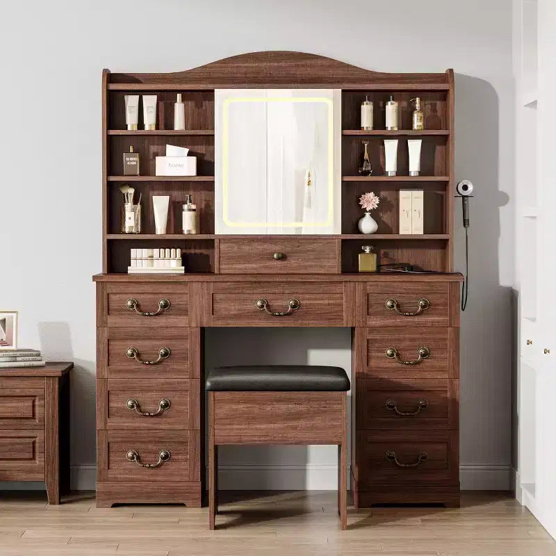GustoWave Makeup Vanity Desk with Mirror, 10 Drawers & 8 Shelves, Large Vanity Table with Chair for Bedroom, Ample Storage Dressing Table Set