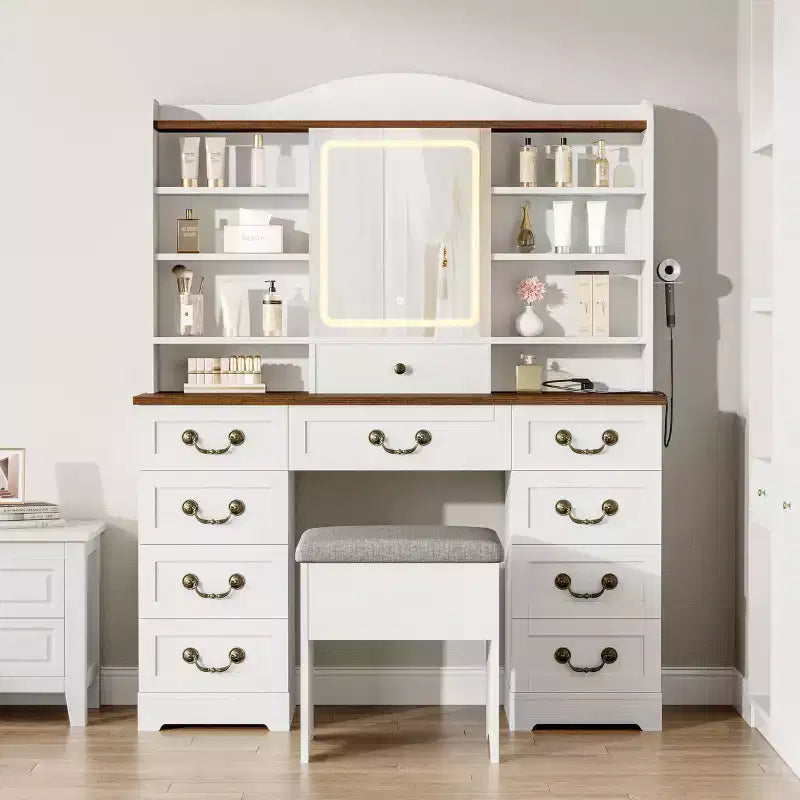 GustoWave Makeup Vanity Desk with Mirror, 10 Drawers & 8 Shelves, Large Vanity Table with Chair for Bedroom, Ample Storage Dressing Table Set