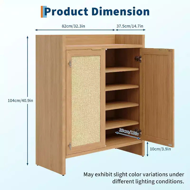 Rattan Shoe Storage Cabinet with Ventilated Rattan Doors & Wood Grain Warmth, Adjustable Shelves for Flexible Storage