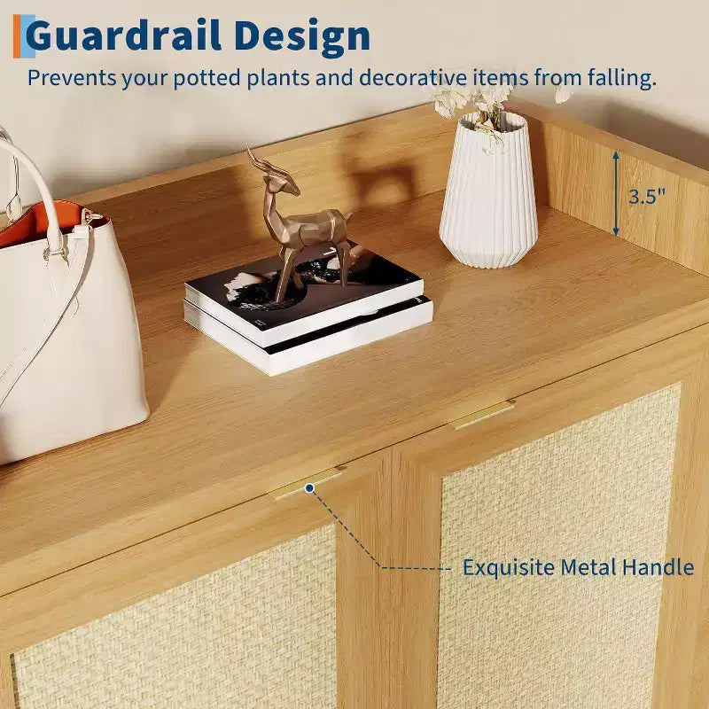 Rattan Shoe Storage Cabinet with Ventilated Rattan Doors & Wood Grain Warmth, Adjustable Shelves for Flexible Storage