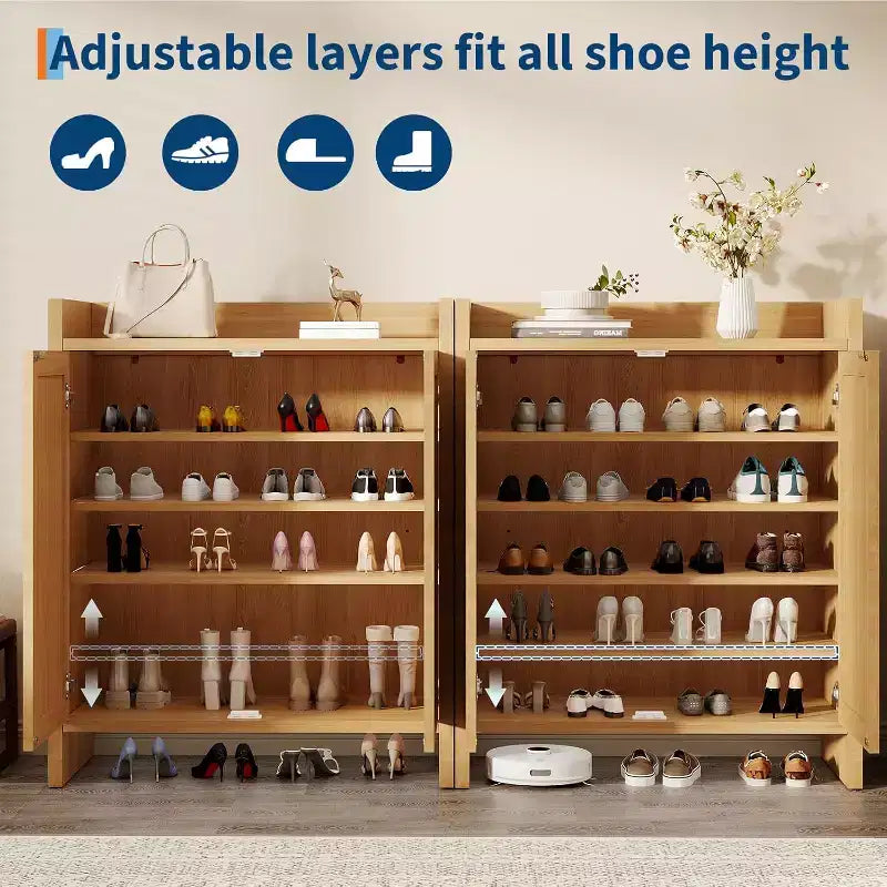Rattan Shoe Storage Cabinet with Ventilated Rattan Doors & Wood Grain Warmth, Adjustable Shelves for Flexible Storage