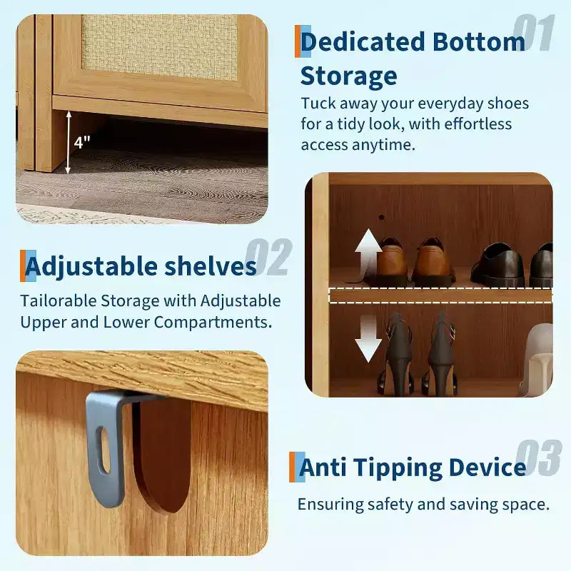 Rattan Shoe Storage Cabinet with Ventilated Rattan Doors & Wood Grain Warmth, Adjustable Shelves for Flexible Storage