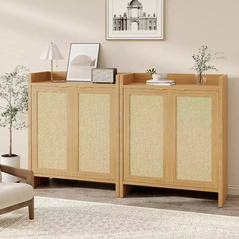 Rattan Shoe Storage Cabinet with Ventilated Rattan Doors & Wood Grain Warmth, Adjustable Shelves for Flexible Storage