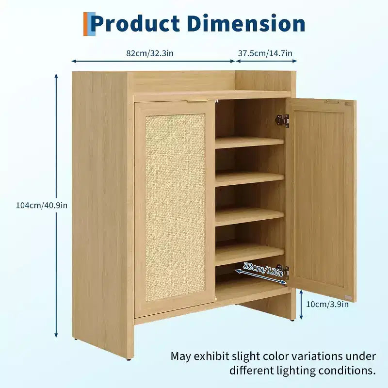 Rattan Shoe Storage Cabinet with Ventilated Rattan Doors & Wood Grain Warmth, Adjustable Shelves for Flexible Storage