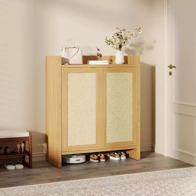 Rattan Shoe Storage Cabinet with Ventilated Rattan Doors & Wood Grain Warmth, Adjustable Shelves for Flexible Storage