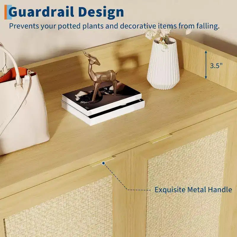 Rattan Shoe Storage Cabinet with Ventilated Rattan Doors & Wood Grain Warmth, Adjustable Shelves for Flexible Storage