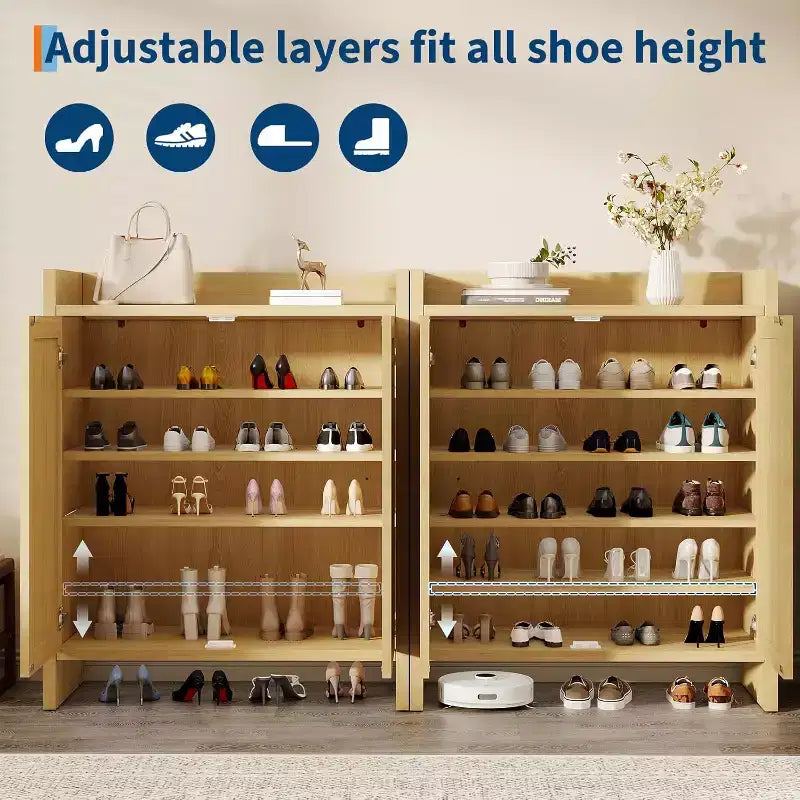 Rattan Shoe Storage Cabinet with Ventilated Rattan Doors & Wood Grain Warmth, Adjustable Shelves for Flexible Storage