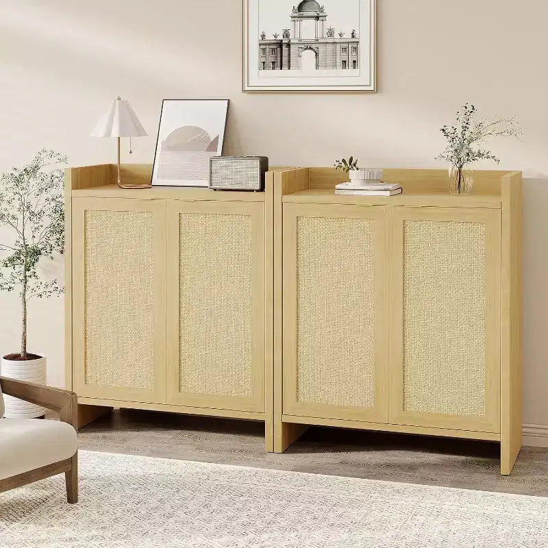 Rattan Shoe Storage Cabinet with Ventilated Rattan Doors & Wood Grain Warmth, Adjustable Shelves for Flexible Storage