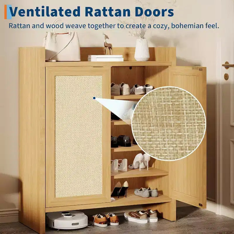 Rattan Shoe Storage Cabinet with Ventilated Rattan Doors & Wood Grain Warmth, Adjustable Shelves for Flexible Storage
