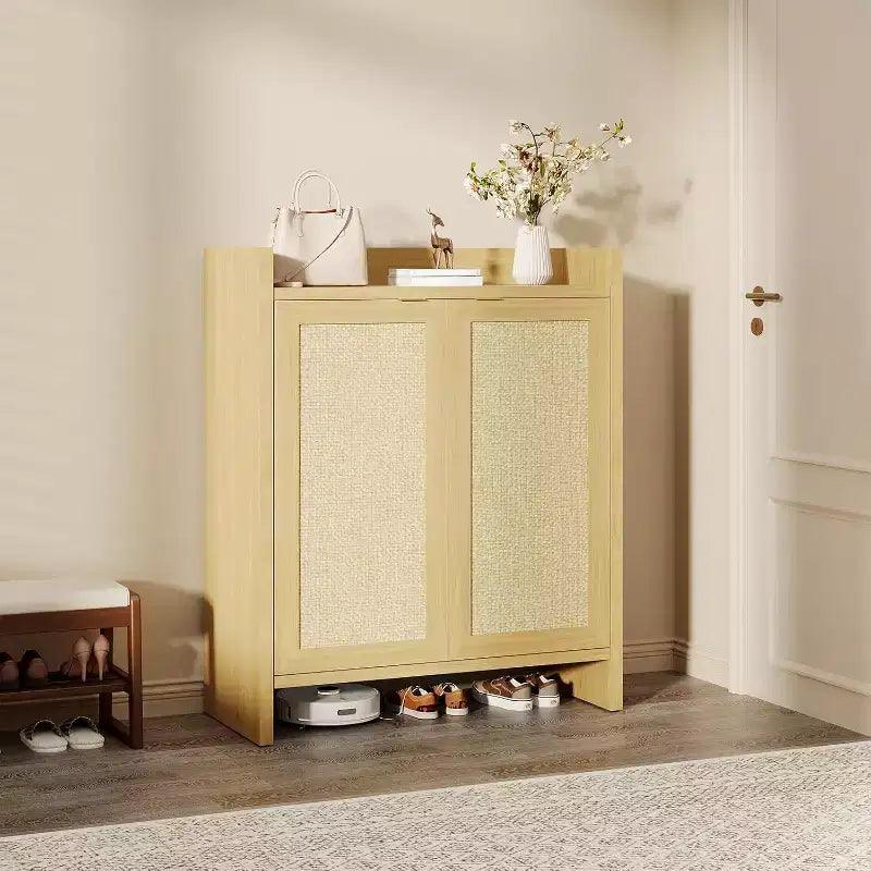 Rattan Shoe Storage Cabinet with Ventilated Rattan Doors & Wood Grain Warmth, Adjustable Shelves for Flexible Storage