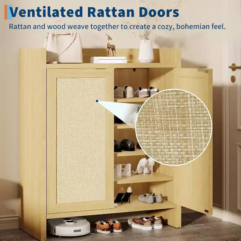 Rattan Shoe Storage Cabinet with Ventilated Rattan Doors & Wood Grain Warmth, Adjustable Shelves for Flexible Storage