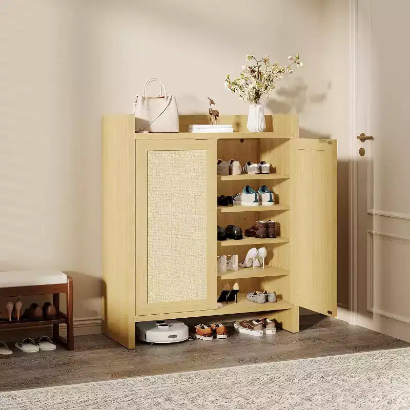 Rattan Shoe Storage Cabinet with Ventilated Rattan Doors & Wood Grain Warmth, Adjustable Shelves for Flexible Storage