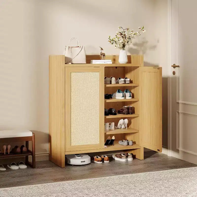 Rattan Shoe Storage Cabinet with Ventilated Rattan Doors & Wood Grain Warmth, Adjustable Shelves for Flexible Storage