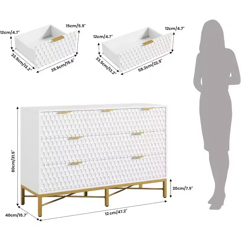 Acekool 7 Drawer Dresser, Modern Chest with Gold Metal Frame, Wide Storage for Bedroom or Living Room