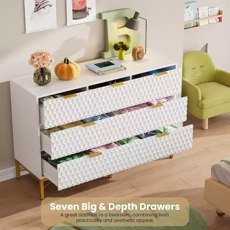 Acekool 7 Drawer Dresser, Modern Chest with Gold Metal Frame, Wide Storage for Bedroom or Living Room