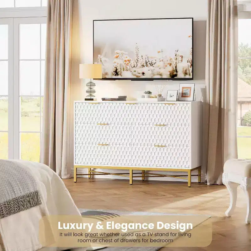 Acekool 7 Drawer Dresser, Modern Chest with Gold Metal Frame, Wide Storage for Bedroom or Living Room