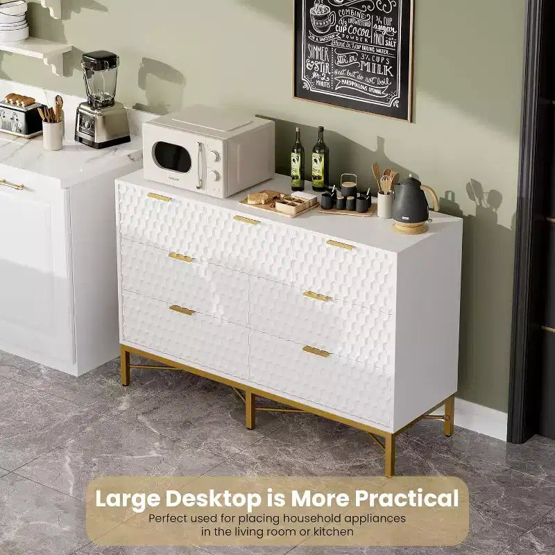 Acekool 7 Drawer Dresser, Modern Chest with Gold Metal Frame, Wide Storage for Bedroom or Living Room