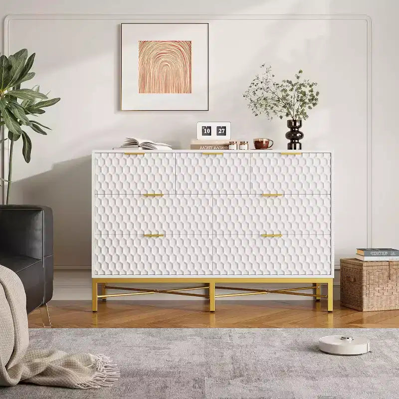Acekool 7 Drawer Dresser, Modern Chest with Gold Metal Frame, Wide Storage for Bedroom or Living Room