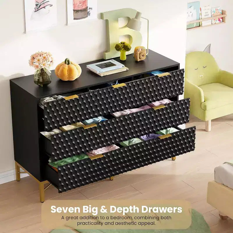 Acekool 7 Drawer Dresser, Modern Chest with Gold Metal Frame, Wide Storage for Bedroom or Living Room
