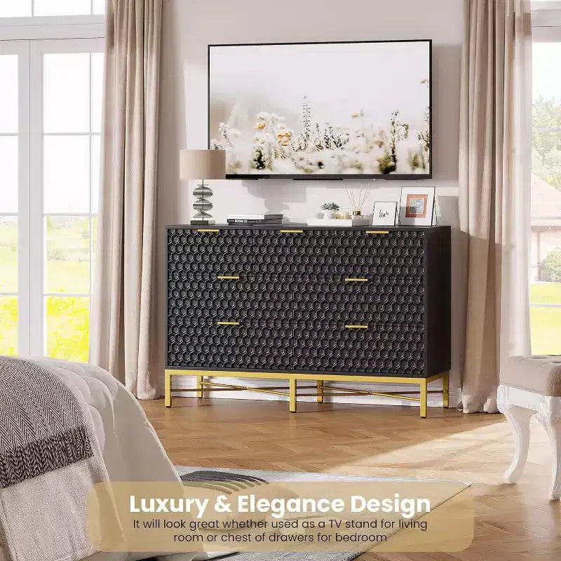 Acekool 7 Drawer Dresser, Modern Chest with Gold Metal Frame, Wide Storage for Bedroom or Living Room