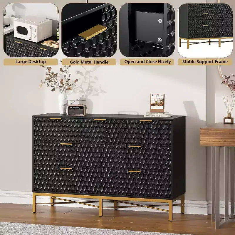 Acekool 7 Drawer Dresser, Modern Chest with Gold Metal Frame, Wide Storage for Bedroom or Living Room