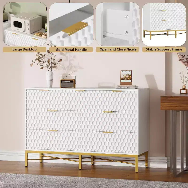 Acekool 7 Drawer Dresser, Modern Chest with Gold Metal Frame, Wide Storage for Bedroom or Living Room
