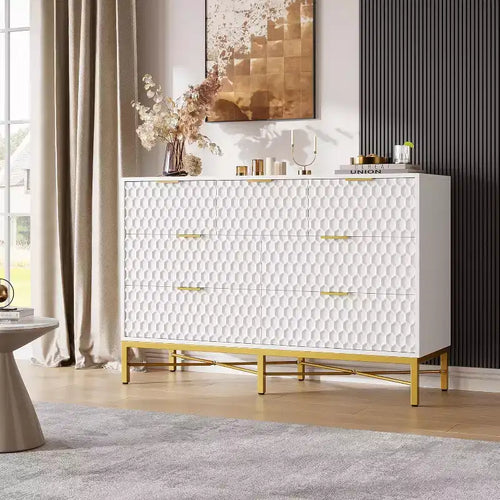 Acekool 7 Drawer Dresser, Modern Chest with Gold Metal Frame, Wide Storage for Bedroom or Living Room