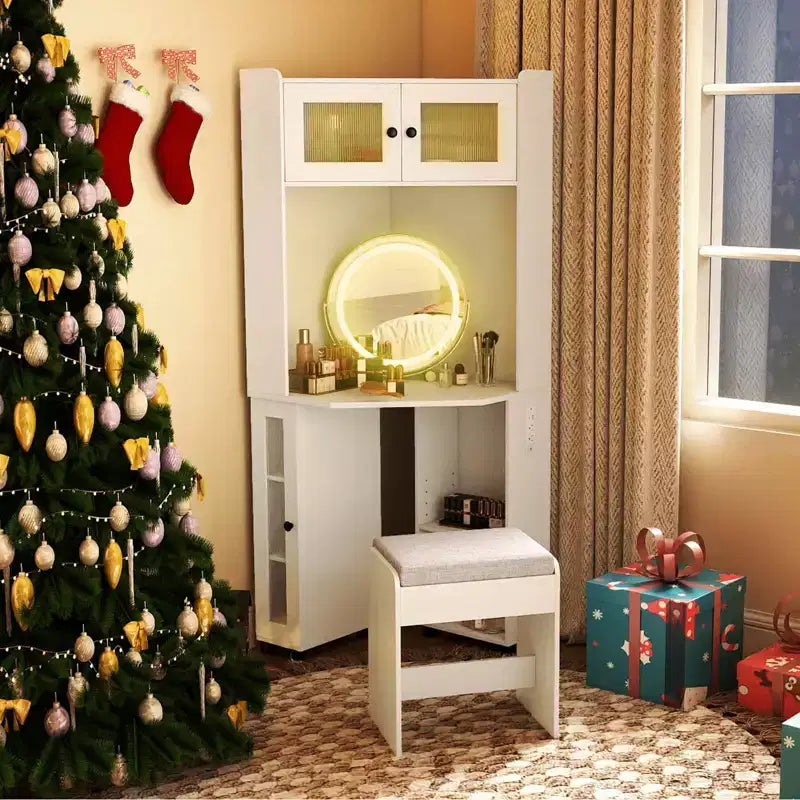 Costway Corner Vanity Desk with Mirror & Lights Compact Dressing Table with Charging Station