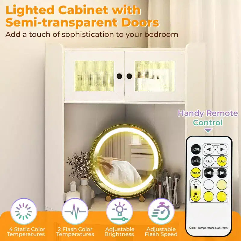 Costway Corner Vanity Desk with Mirror & Lights Compact Dressing Table with Charging Station