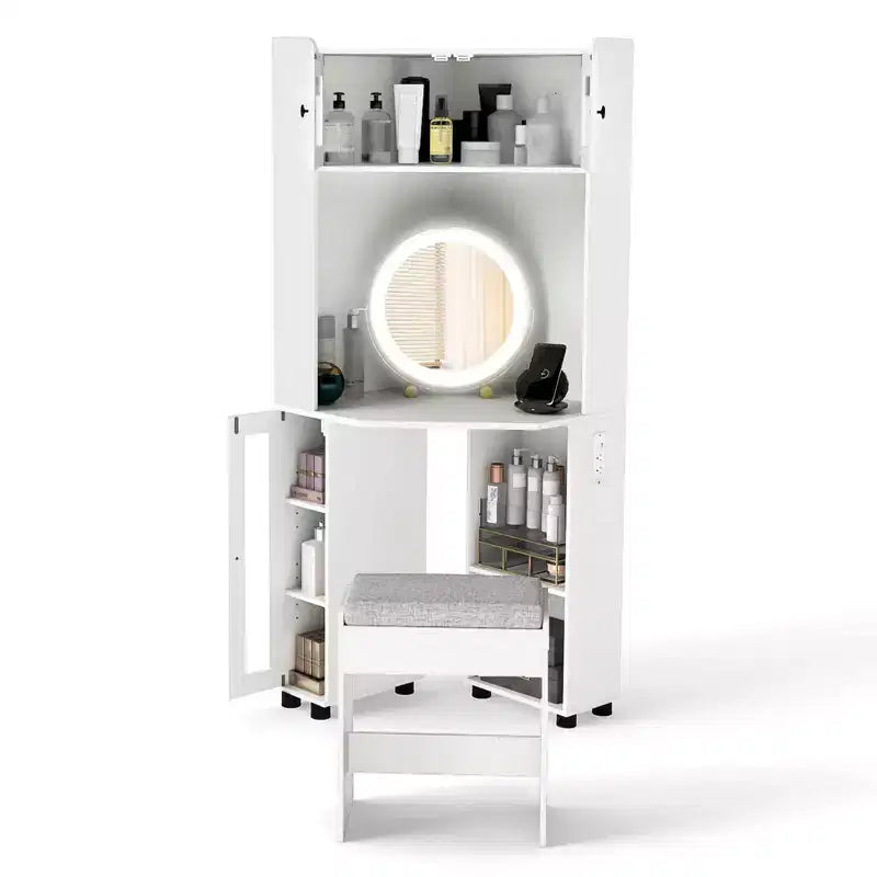 Costway Corner Vanity Desk with Mirror & Lights Compact Dressing Table with Charging Station