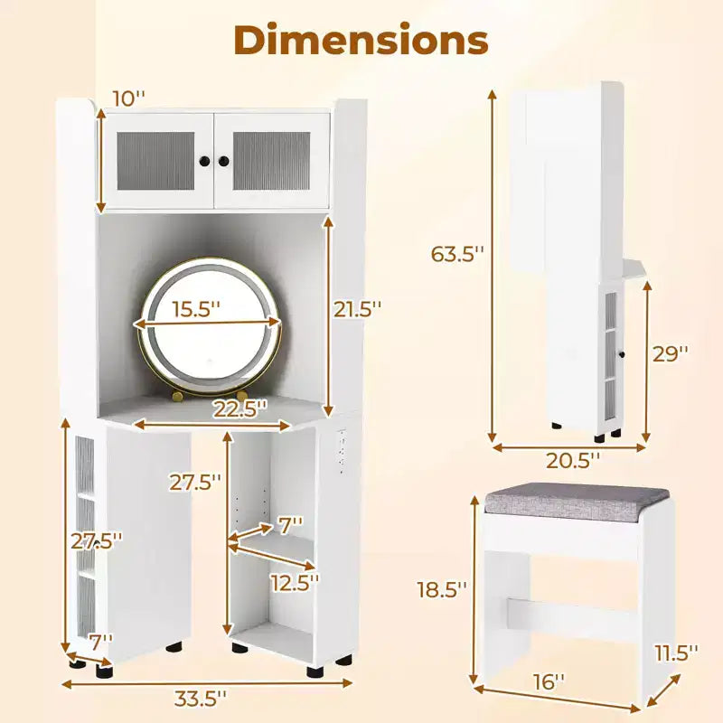 Costway Corner Vanity Desk with Mirror & Lights Compact Dressing Table with Charging Station