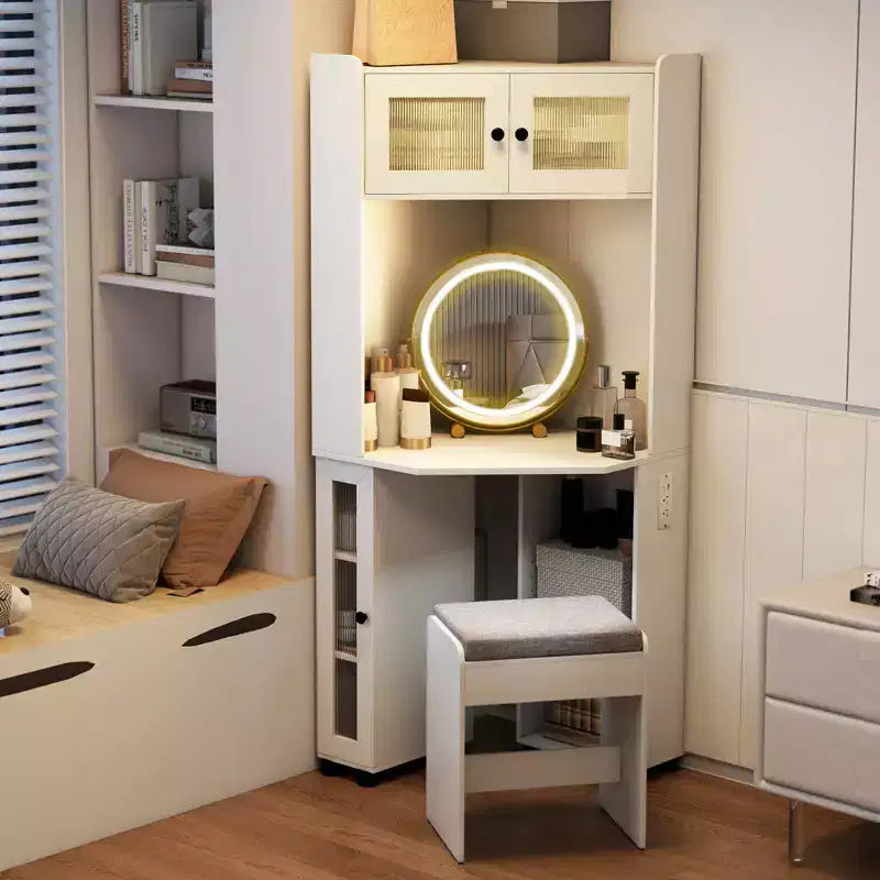 Costway Corner Vanity Desk with Mirror & Lights Compact Dressing Table with Charging Station