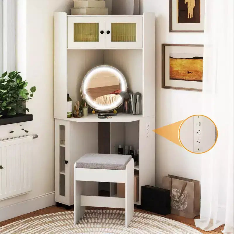 Costway Corner Vanity Desk with Mirror & Lights Compact Dressing Table with Charging Station