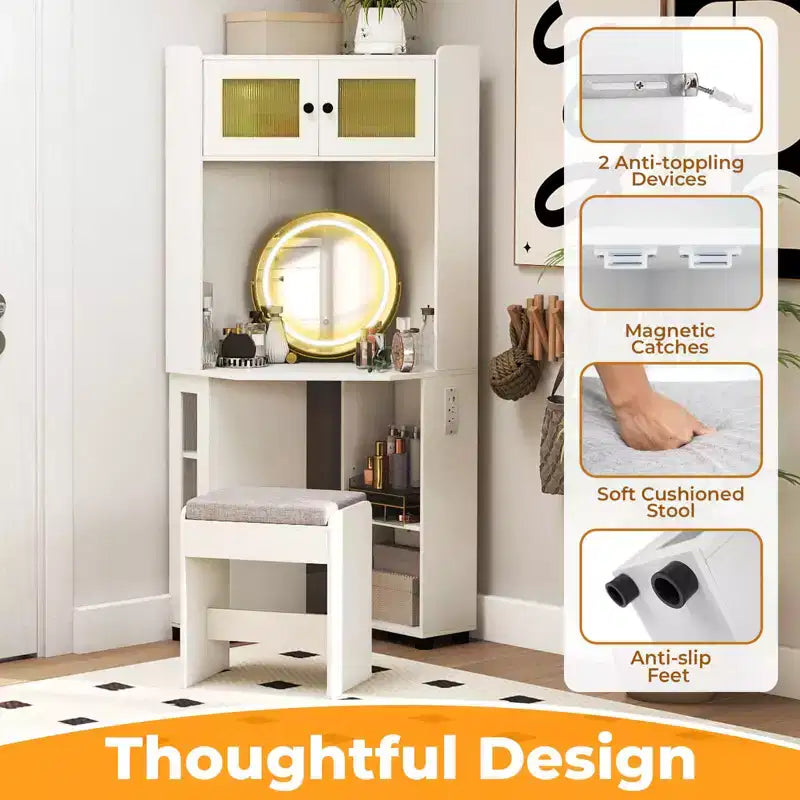 Costway Corner Vanity Desk with Mirror & Lights Compact Dressing Table with Charging Station