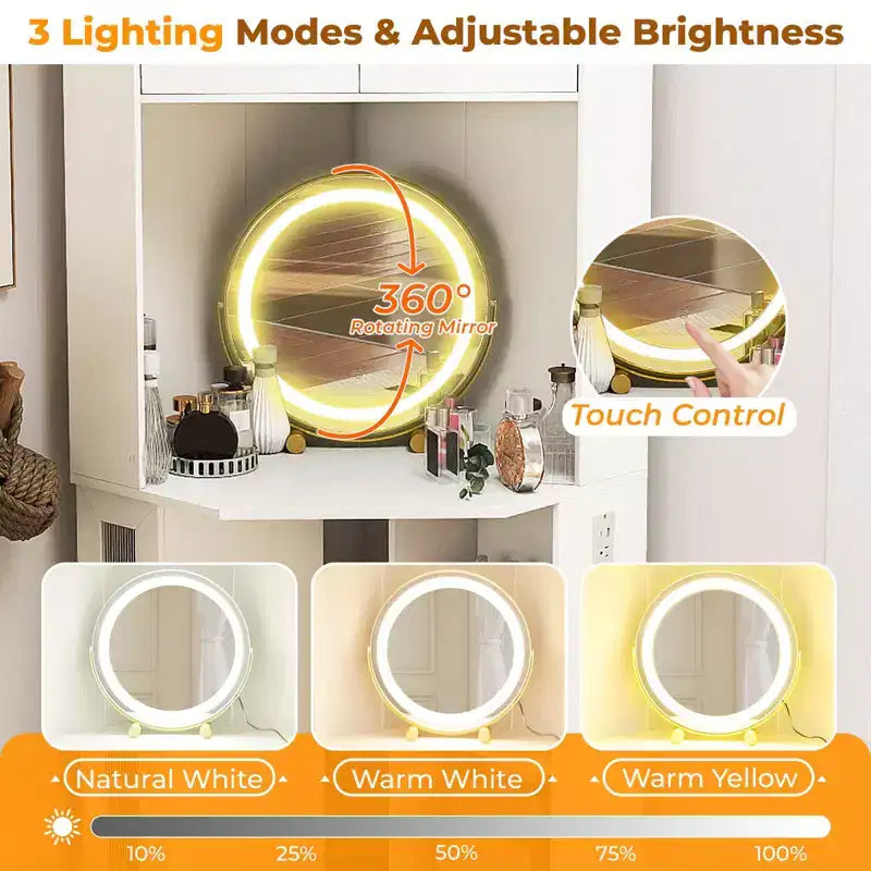 Costway Corner Vanity Desk with Mirror & Lights Compact Dressing Table with Charging Station