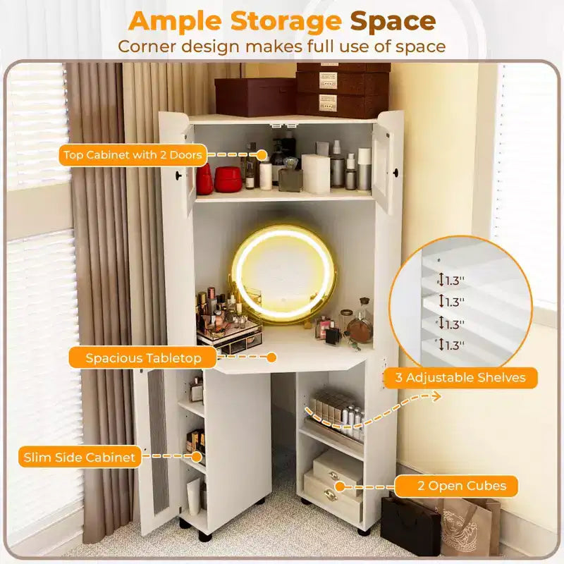 Costway Corner Vanity Desk with Mirror & Lights Compact Dressing Table with Charging Station