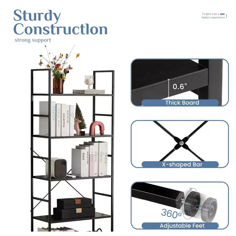 TUYOHW 5-Tier Narrow Bookshelf,Metal & Wood Bookcase with Anti-Tip Kit & Waterproof Shelves,Book Shelves for Bedroom,Living Room,Home Office