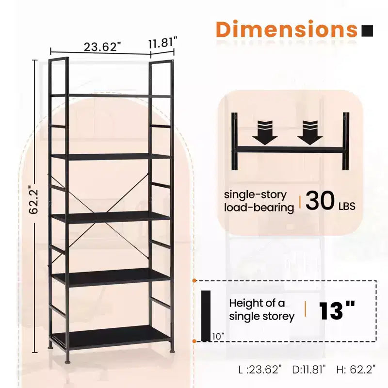 TUYOHW 5-Tier Narrow Bookshelf,Metal & Wood Bookcase with Anti-Tip Kit & Waterproof Shelves,Book Shelves for Bedroom,Living Room,Home Office