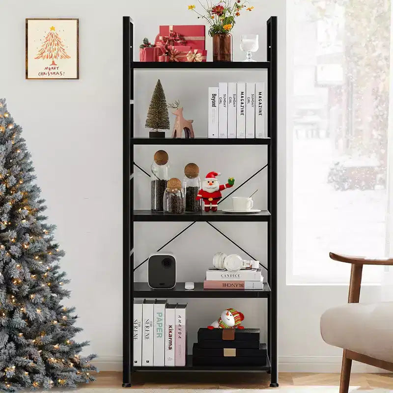 TUYOHW 5-Tier Narrow Bookshelf,Metal & Wood Bookcase with Anti-Tip Kit & Waterproof Shelves,Book Shelves for Bedroom,Living Room,Home Office