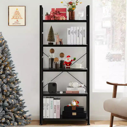 TUYOHW 5-Tier Narrow Bookshelf,Metal & Wood Bookcase with Anti-Tip Kit & Waterproof Shelves,Book Shelves for Bedroom,Living Room,Home Office